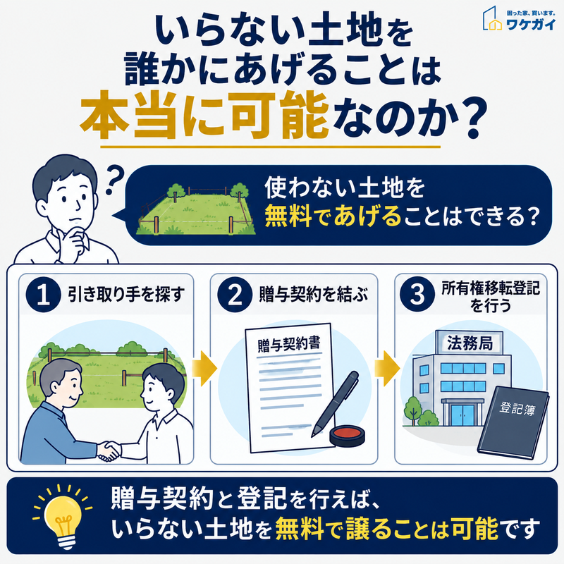 いらない土地を無料で譲る流れを示した図解