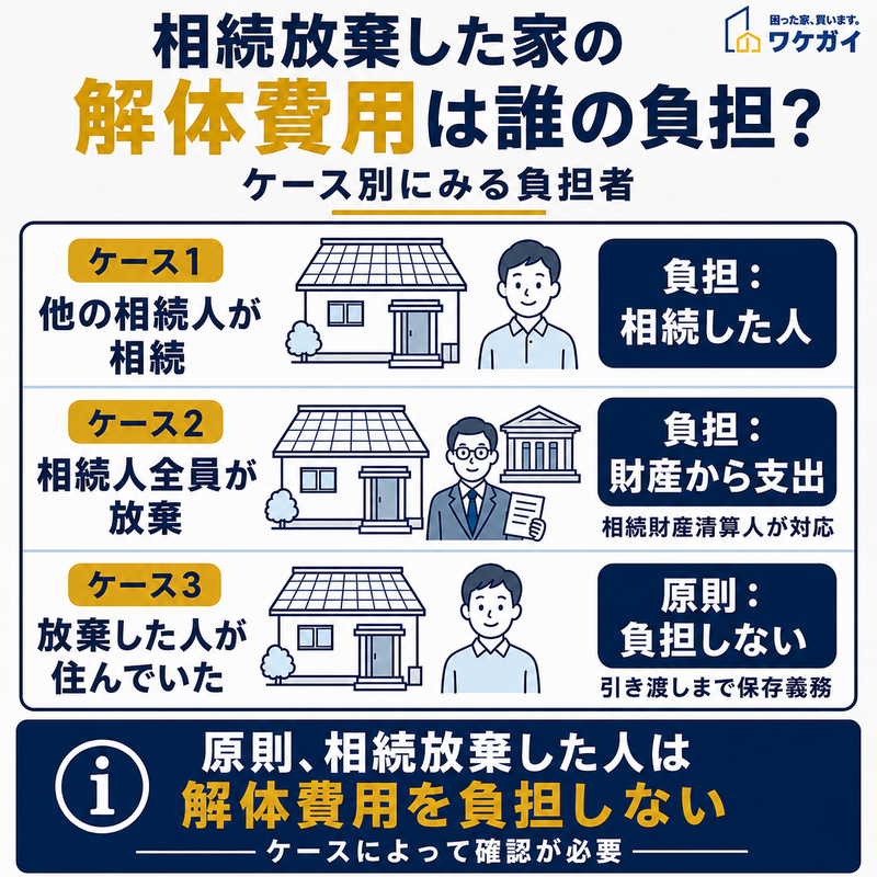 相続放棄した家の解体費用を誰が負担するかケース別に示した図