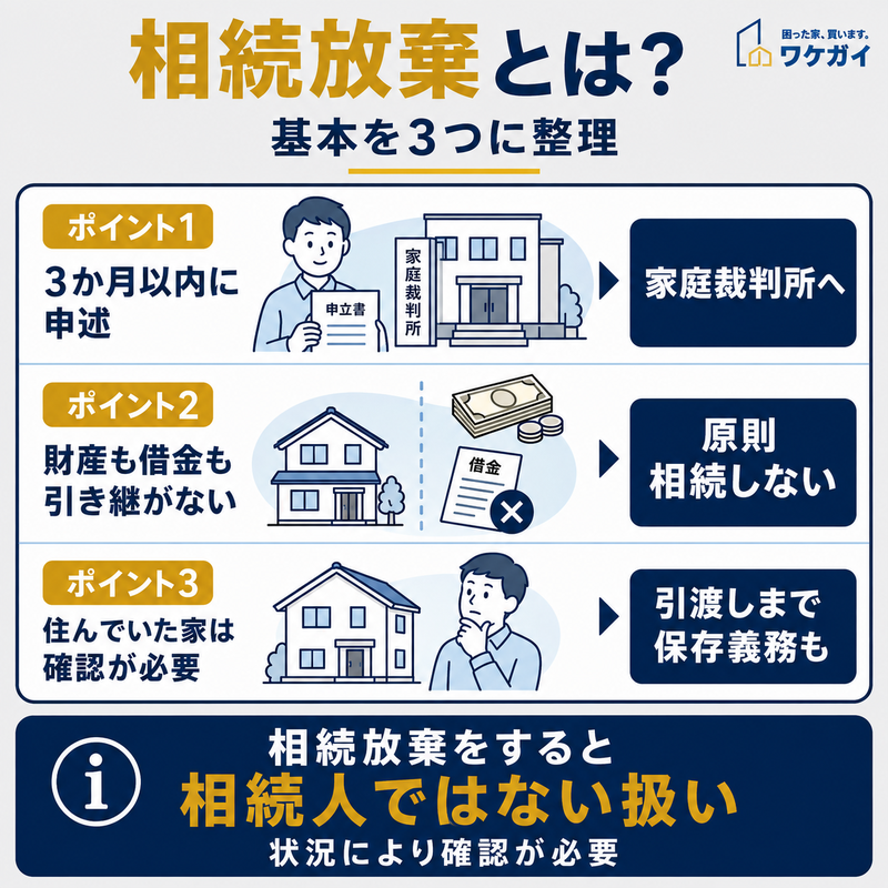 相続放棄の基本を申述期限・財産と借金・家の保存義務の3点で整理した図