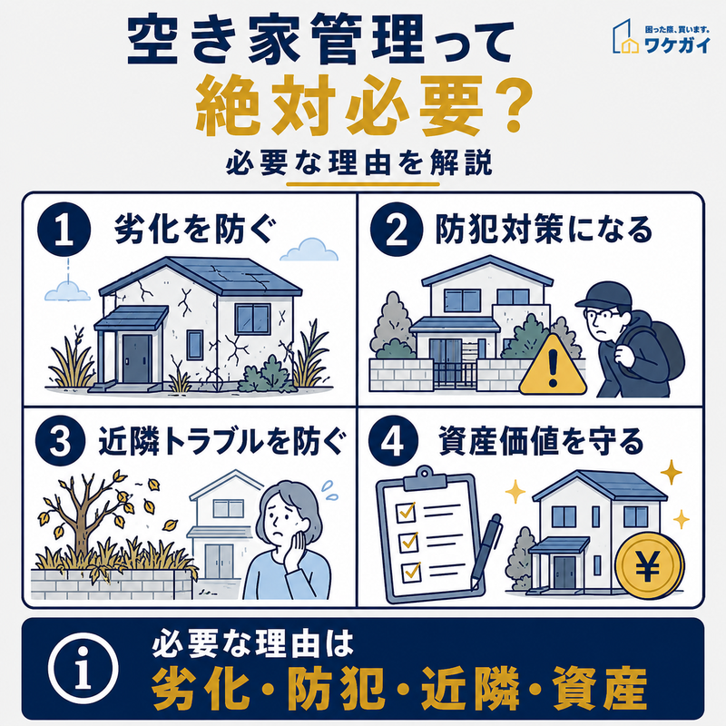 空き家管理が必要な理由として、建物の劣化防止・防犯対策・近隣トラブル防止・資産価値維持を示した図解
