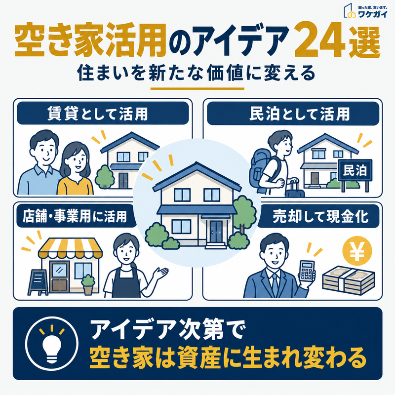 空き家活用のアイデア24選を賃貸・民泊・店舗や事業用・売却のイラストで紹介する図解