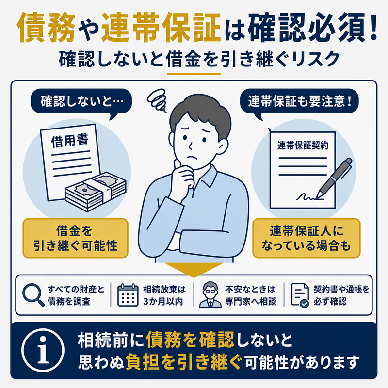 実家相続で被相続人の債務や連帯保証を確認せず、借金を引き継ぐリスクを示した図解