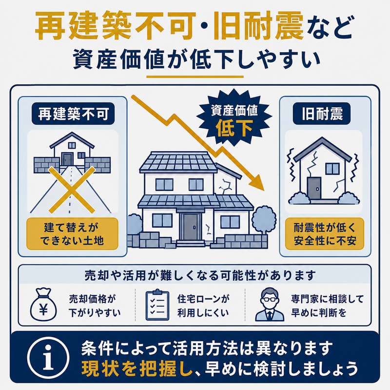再建築不可や旧耐震の実家は資産価値が低下しやすく、売却や活用が難しくなる可能性を示した図解