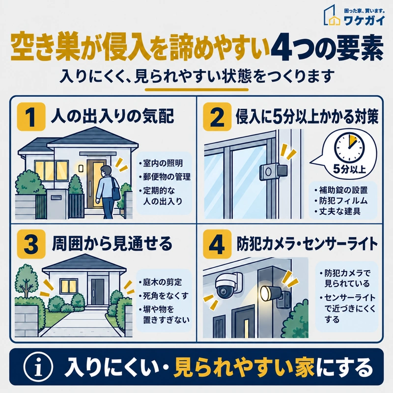 空き巣が侵入を諦めやすい4つの要素として人の気配、5分以上かかる侵入対策、見通し、防犯カメラ・センサーライトを示す図解