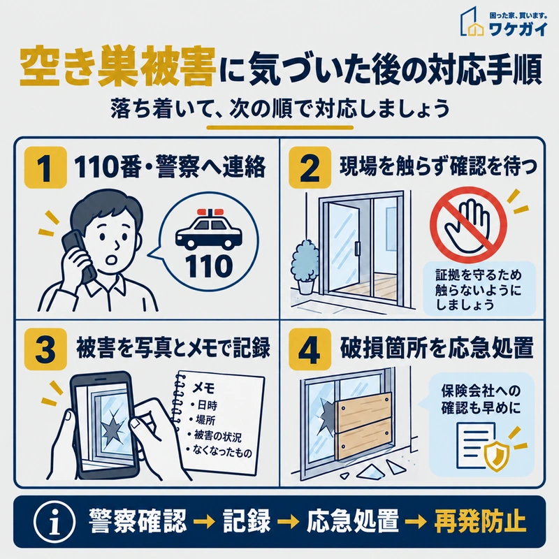 空き巣被害に気づいた後の警察への連絡、現場保存、被害記録、応急処置の流れを示す図解