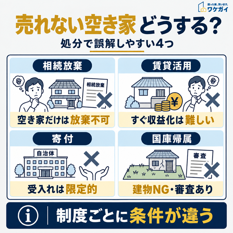 売れない空き家の処分で誤解されがちな相続放棄・賃貸活用・寄付・国庫帰属の4つの注意点