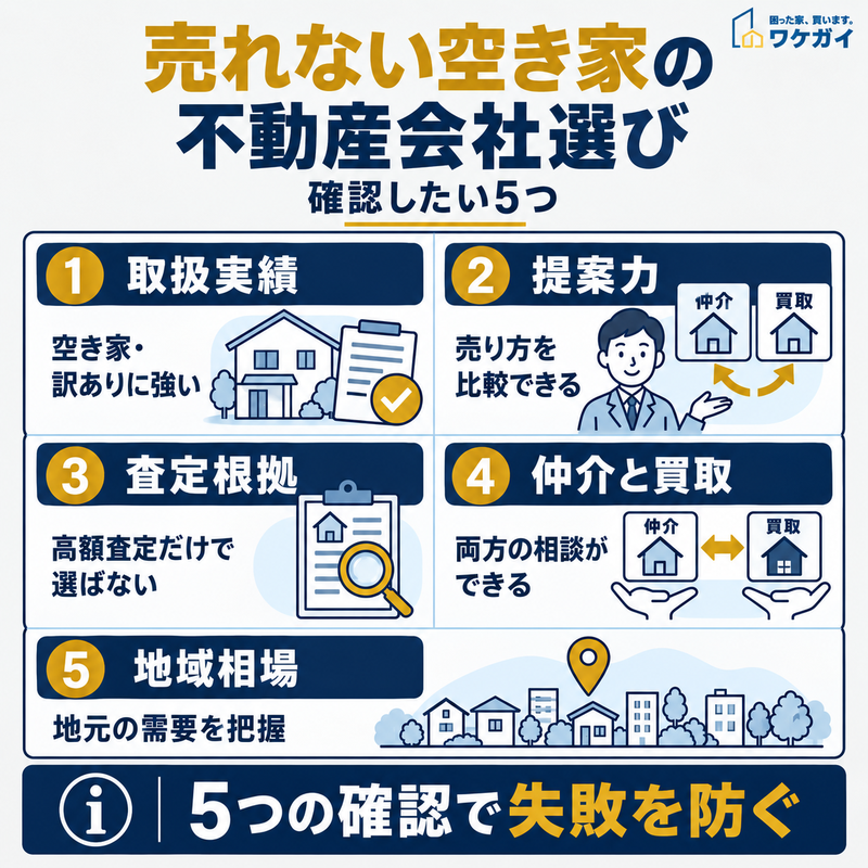 売れない空き家を売却する不動産会社の選び方5つを解説した図