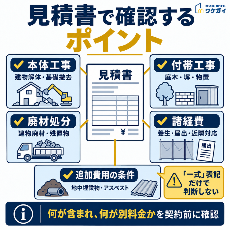 解体工事の見積書で確認する本体工事・付帯工事・廃材処分・諸経費・追加費用の条件を示した図