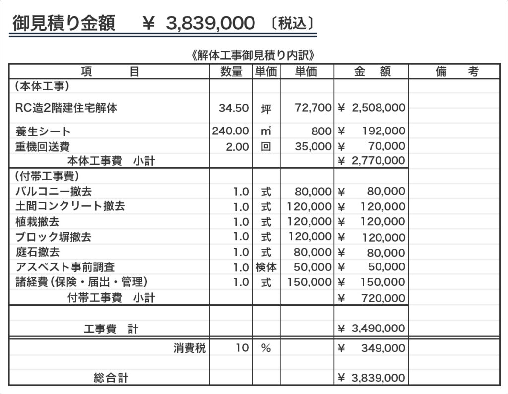 RC造解体費用の見積書