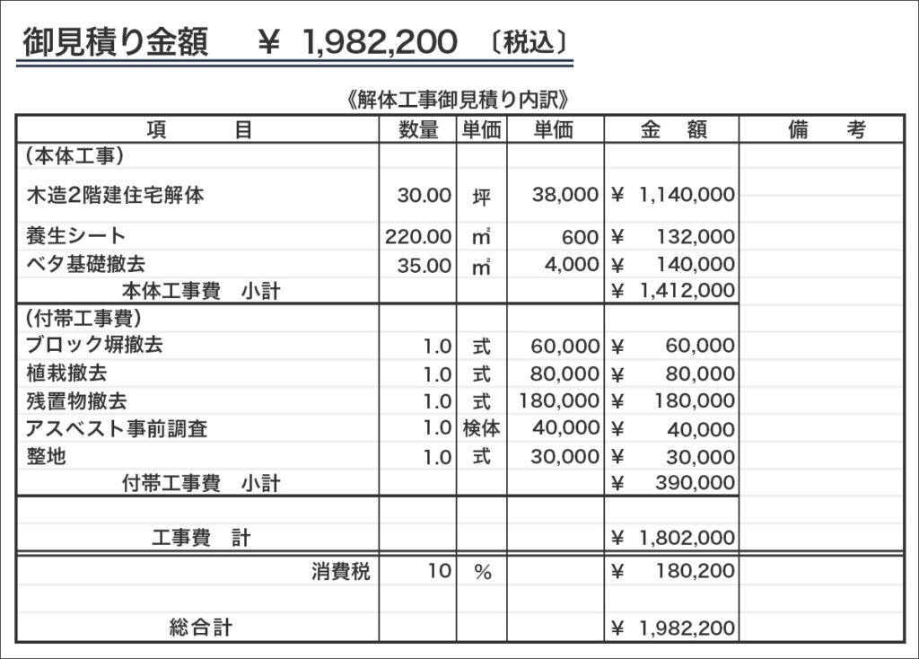木造解体費用の見積書