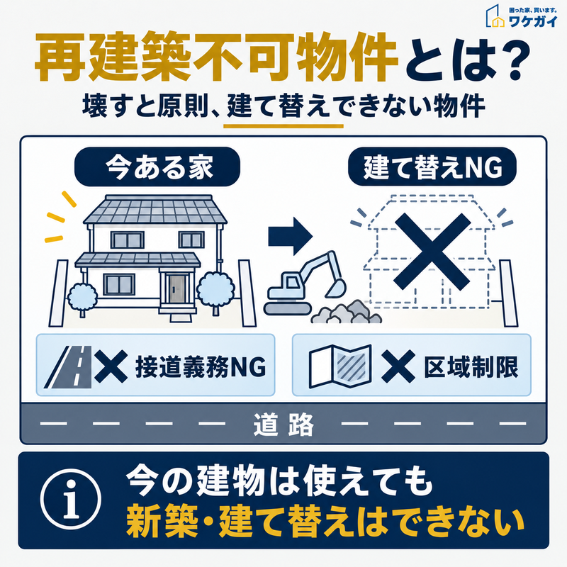 再建築不可物件とは、今ある建物は使えても新築や建て替えができない物件を示す図