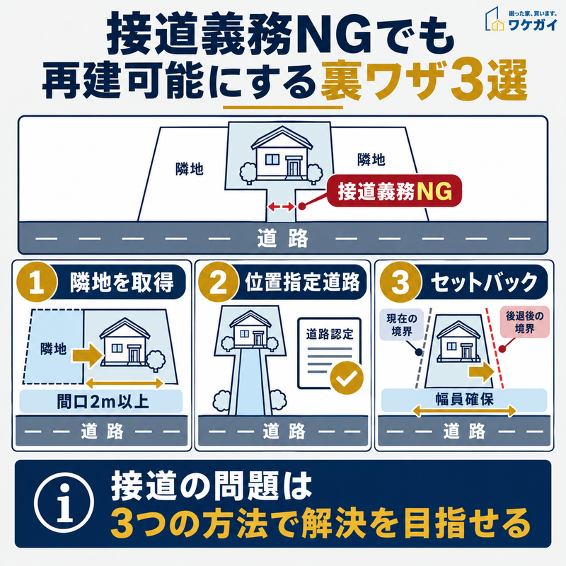 接道義務を満たしていない再建築不可物件を再建可能にする3つの方法を示した図